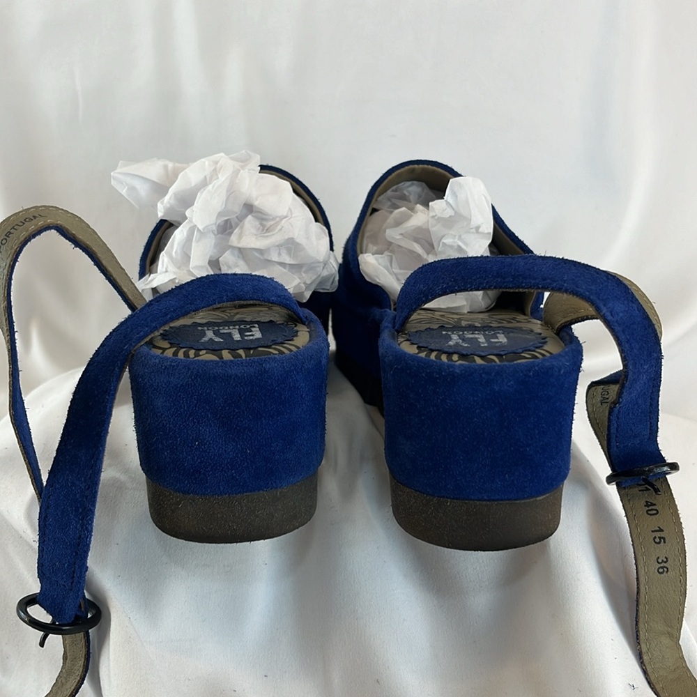 Fly London Royal Blue Suede Sandals w/ Long-Length Strap - Picture 5 of 8